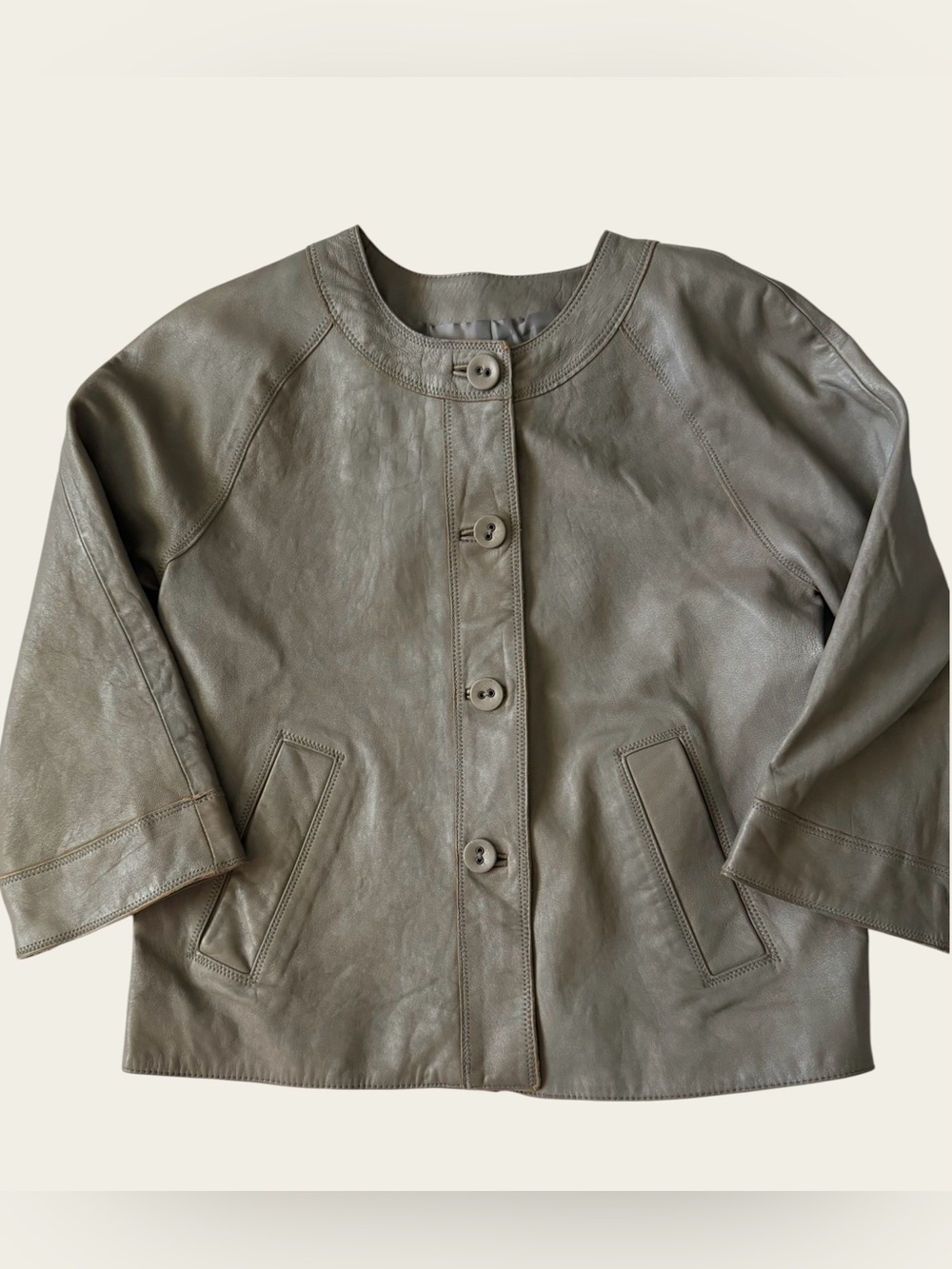 J. Jill Genuine Leather Jacket XS Taupe Gray Mandarin Collar 3/4 Sleeve